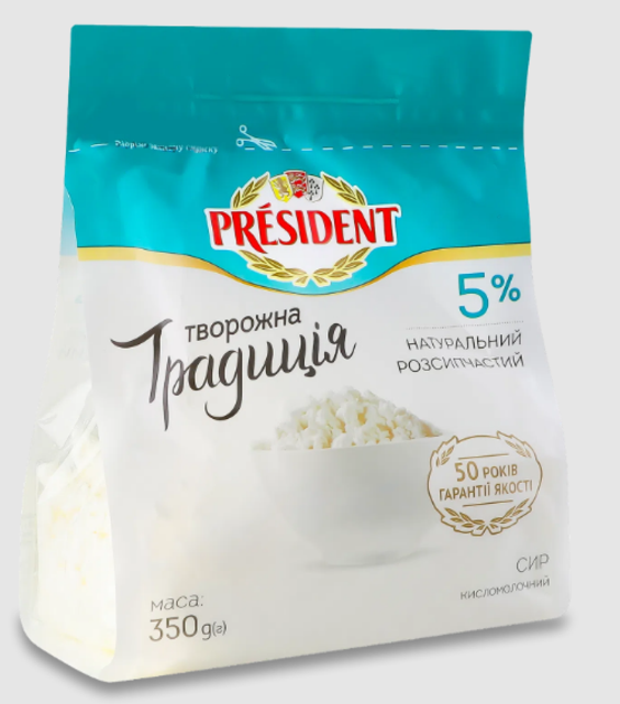 Сир кисломолочний PRESIDENT Творожна традиція 5% пакет, 350г